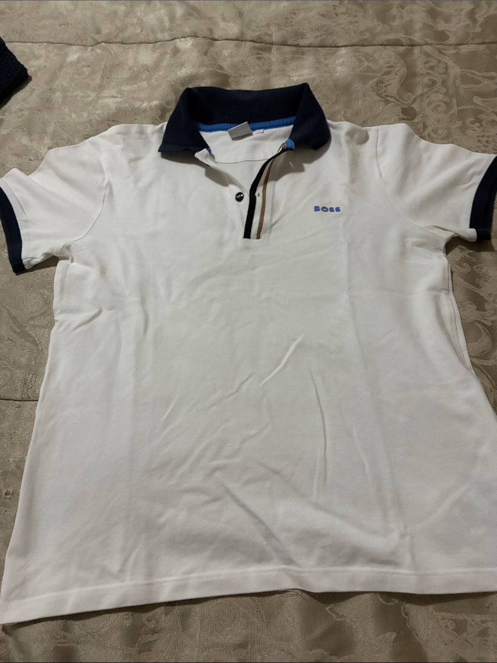 BOSS White Polo with Navy Collar and Sleeve Trim